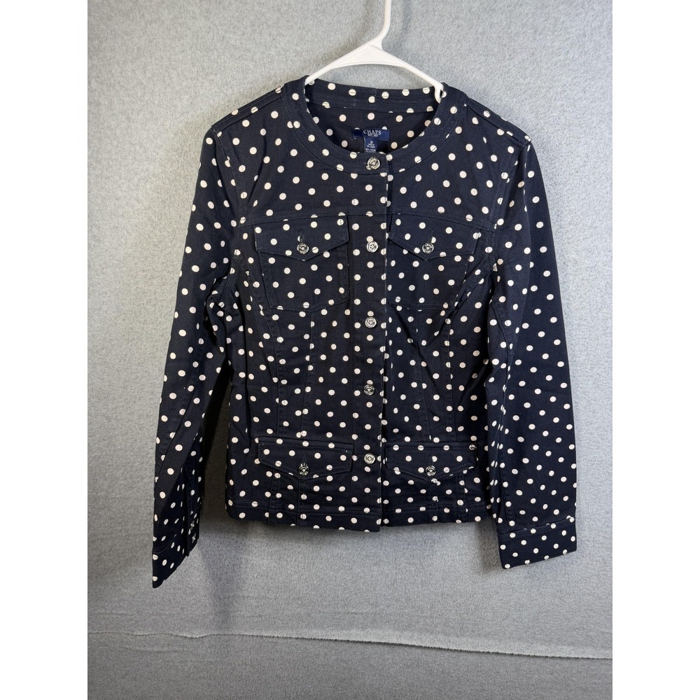 Chaps Jacket Womens Medium Blue Polka Dot Button Front Twill Short Casual‎